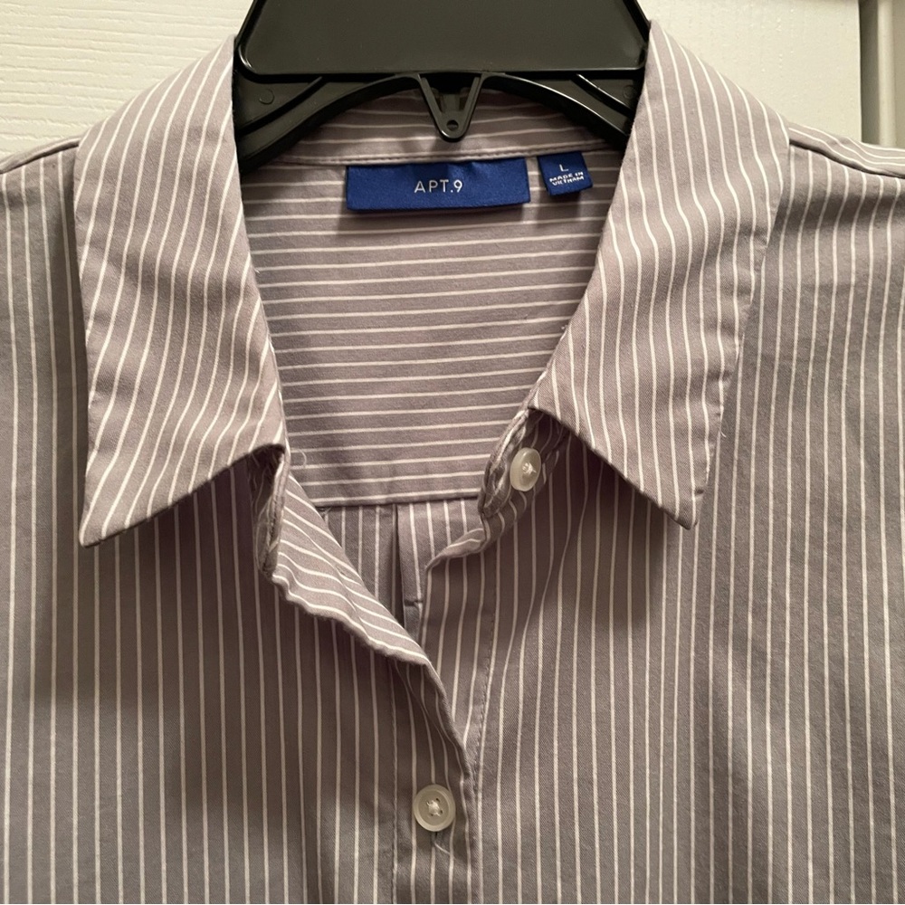 Apt 9 Women's Sz Large Gray & White Striped Button Down Blouse, Long Tab Sleeves